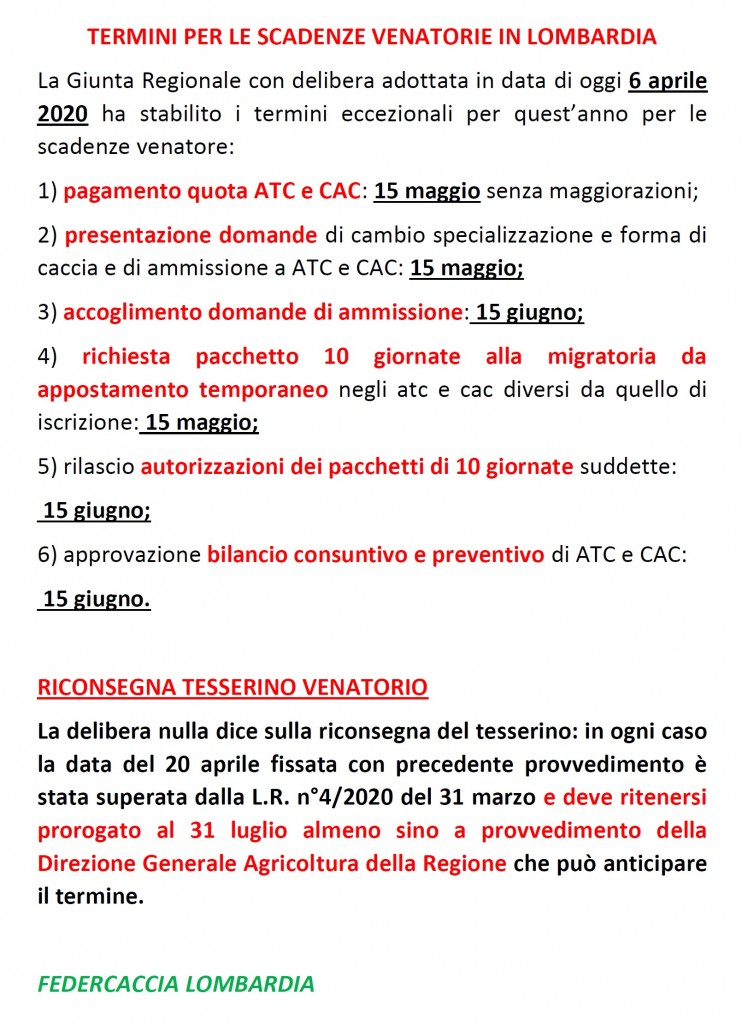 RINVIO SCADENZE VENATORIE 2020